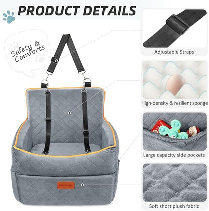 Dog Car Seat for Small Medium Dogs, Memory Foam Puppy Dog Booster Seat with Thick Cushion for Dogs Under 35lbs, Detachable Washable Pet Car Seat Travel Bed with Storage Pockets,2 Safety Belts
