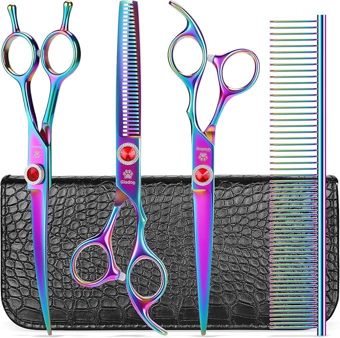 GLADOG 7 Inch Professional Dog Grooming Scissors Kit, 5-in-1 Titanium Coated Pet Grooming Shears Set, Heavy Duty Grooming Scissors for Dogs (Pro Rainbow)