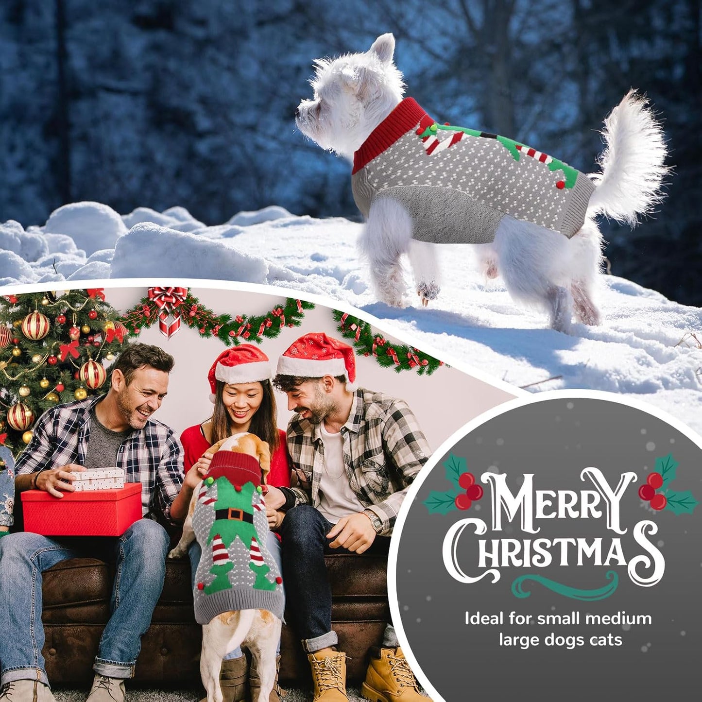 PETCARE Dog Christmas Sweater Ugly Elf Clown Cat Sweater Vest Pet Jumper Grey Green Holiday Dog Clothes Puppy Sweaters for Small Medium Large Dogs Cats Fall Winter Outfits Xmas Dogs Costume,Small