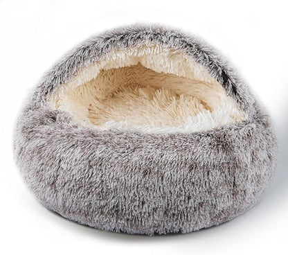 Cat Bed for Indoor Cats, Calming Cozy Cave with Self-Warming Plush, Entire Bed Machine Washable & Anti-Slip Base, Breathable Pet Bed for Small Cats&Dogs All Seasons (Khaki, 24 * 24inch)