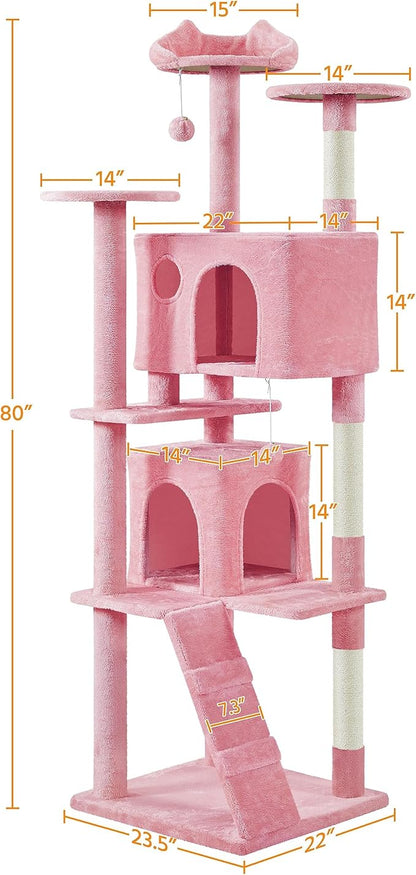 Yaheetech XL Cat Tree, 80in Multi-Level Cat Tower w/Scratching Posts, Double Condo, Perched Platforms and Dangling Balls, Pet Activity Center for Kittens Pets, Pink