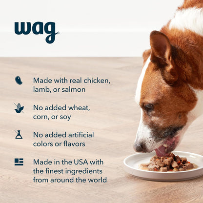 Amazon Brand - Wag Wet Dog Food Topper, Chicken, Lamb, and Salmon Stew in Gravy, 3.5 oz Pouches (Pack of 24)