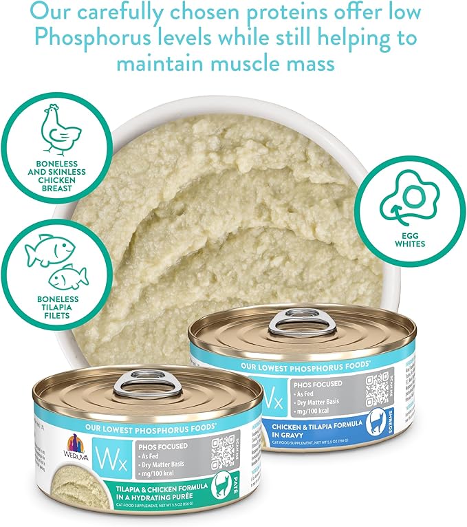 Weruva Wx Phos Focused Tilapia and Chicken Formula in a Hydrating Puree 5.5oz Can, Pack of 8
