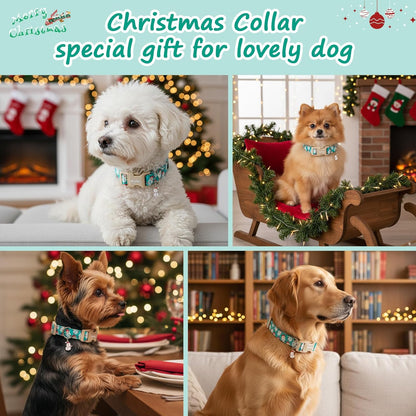 Christmas Dog Collar，Soft Cotton Dog Collars for Medium Dogs, Dog Christmas Collar with Santa for Small Medium Large Dogs, Adjustable Green Collars Perfect for Girl or Boy Dog Collars-M