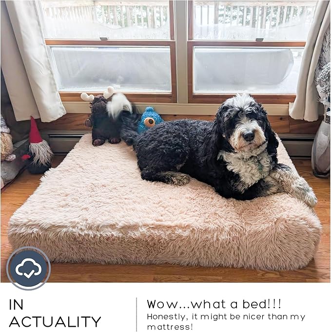 Jumbo Orthopedic Dog Bed for Large Dogs - 7-inch Thick Memory Foam Dog Bed with Pillow Removable Cover Machine Washable (Beige | Plush), 50''L x 34''W x 10''Th I Extra Large