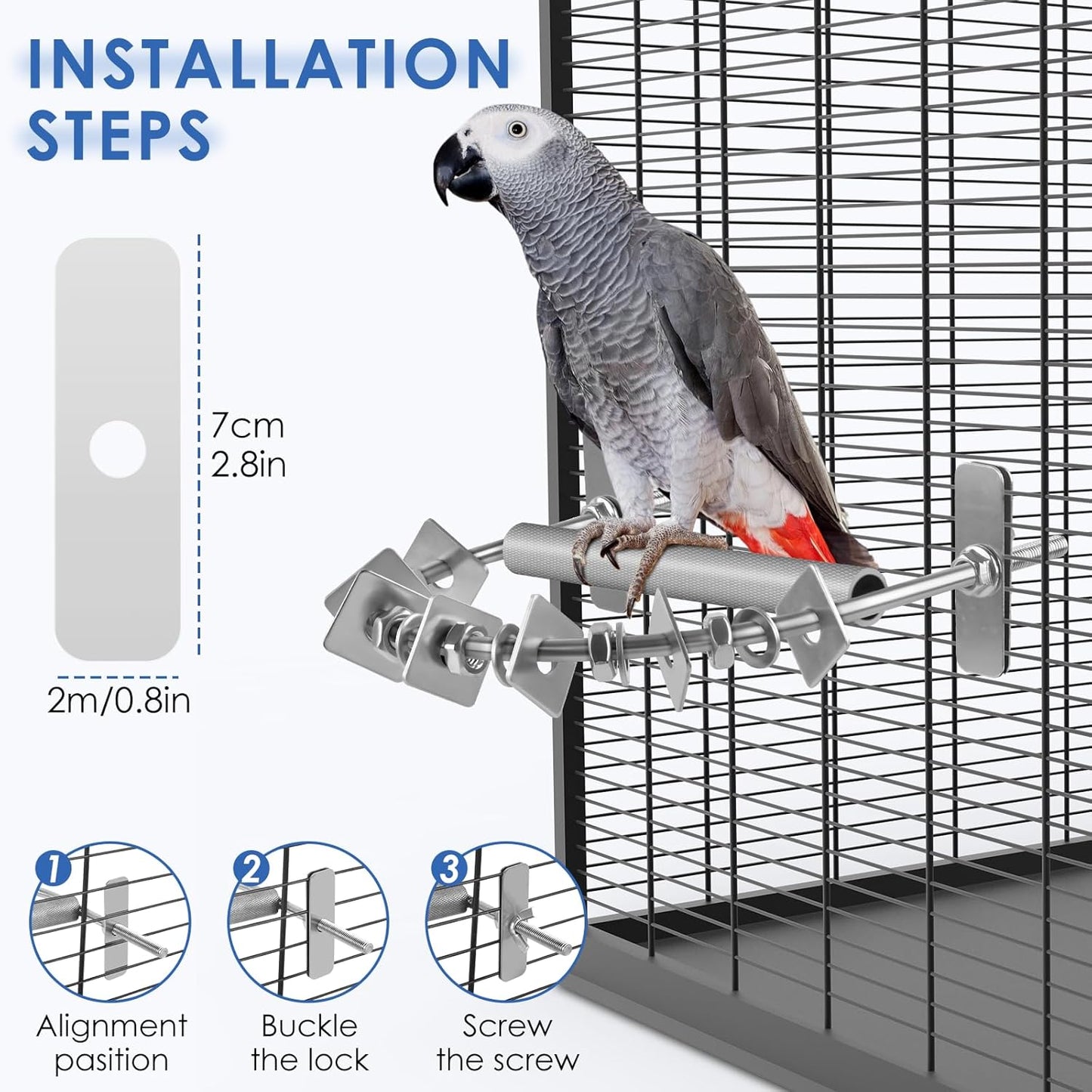 Bird Perch for Cage, Stainless Steel Parrot Perches with Metal Chew Toys, Bird Nail Trimming Cage Accessories for Cockatiels, Macaws, African Grey, Amazon Parrots