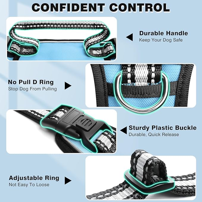WINSEE Dog Harness No Pull, Pet Harnesses with Dog Collar, Adjustable Reflective Oxford Outdoor Vest, Front/Back Leash Clips for Small, Medium, Large, Extra Large Dogs, Easy Control Handle for Walking