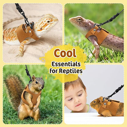 Pawaboo Adjustable Bearded Dragon Harness and Leash, 3 Size Leather Reptile Leash Outdoor Harness Leashs with Bat Wings for Lizard Reptiles Amphibians Small Pet, Small/Medium/Large, Brown