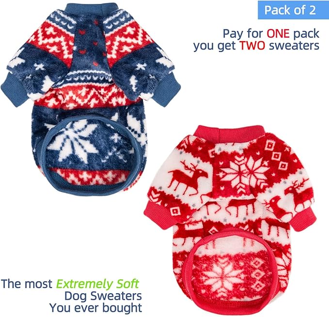 FabriCastle Christmas Dog Sweater, 2-Pack Dog Clothes, Ultra Soft and Warm Pet Jackets for Small Dogs & Cats, Winter Pet Apparel Costumes, Puppy Outfits (Red,Blue, Large)