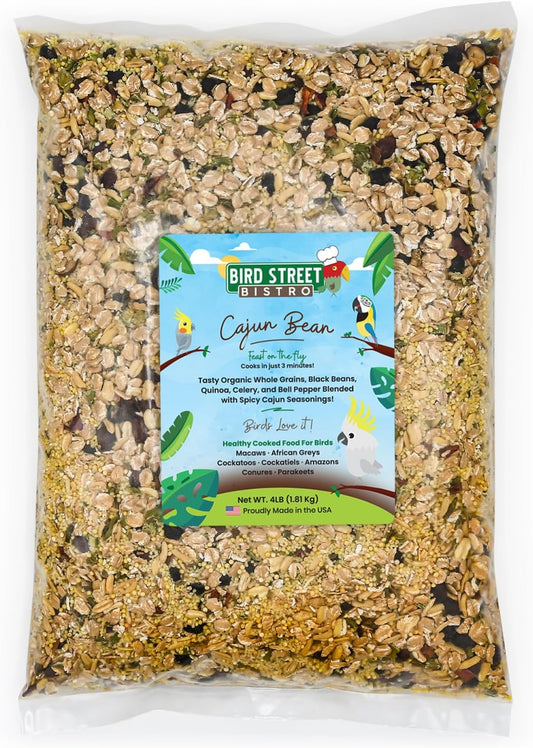 Parrot Parakeet Cockatiel Food - Bird Food - Cooks in 3-15 min with Natural & Organic Grains - Legumes - Non-GMO Fruits, Vegetables, & Health Orientated Spices (4.00 Pound (Pack of 1), Cajun Bean)