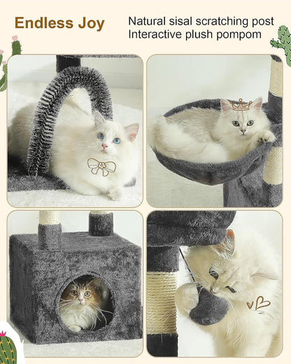 HOOPET 32IN Cat Tree for Indoor Cats - Multi-Level Cat Tower with Hammock, Condo, Scratching Posts, Self-Grooming Brush & Play Ball - Space-Saving Cat Furniture for Small Apartments