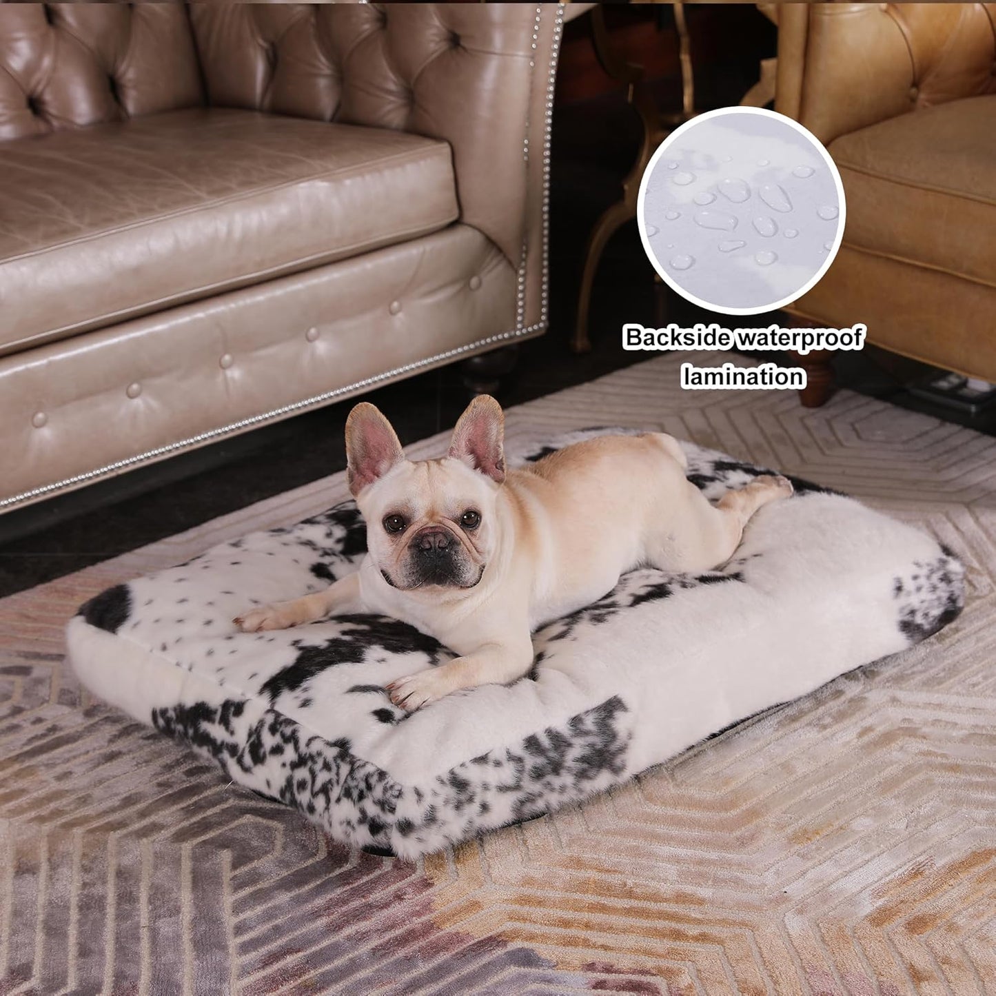 Bedfolks Plush Waterproof Dog Crate Bed - Removable Washable Cover, Faux Fur, 29"x21", Black-White Cowhide