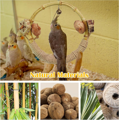 Circle Bird Swing with Bell,Bamboo Parakeet Rope Perches for Cage Ring Bird Swings Chewings Nuts Toys for Parrots Cockatiels Lovebirds Budgie