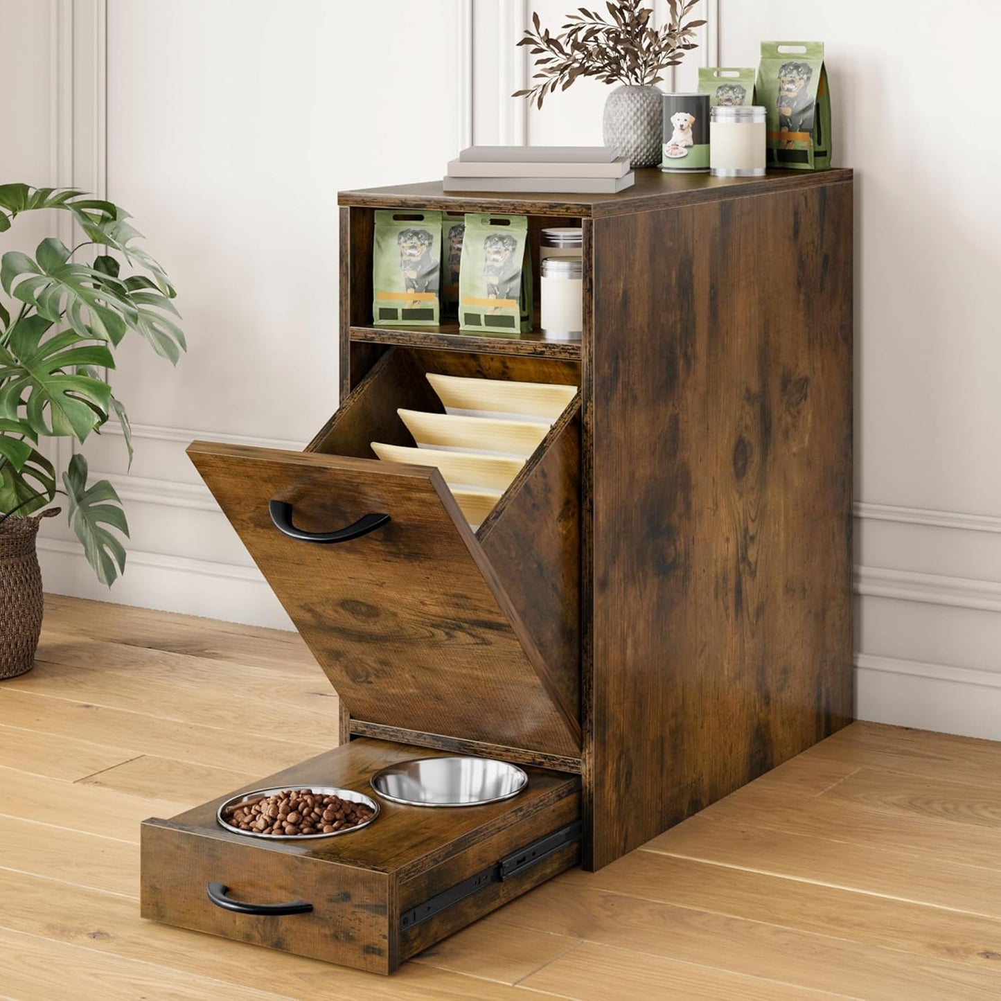 YITAHOME Dog Feeding Station with Storage, Dog Food Cabinet with 2 Feeder Bowls, Pull Out Elevated Dogs Bowl, Rustic Brown