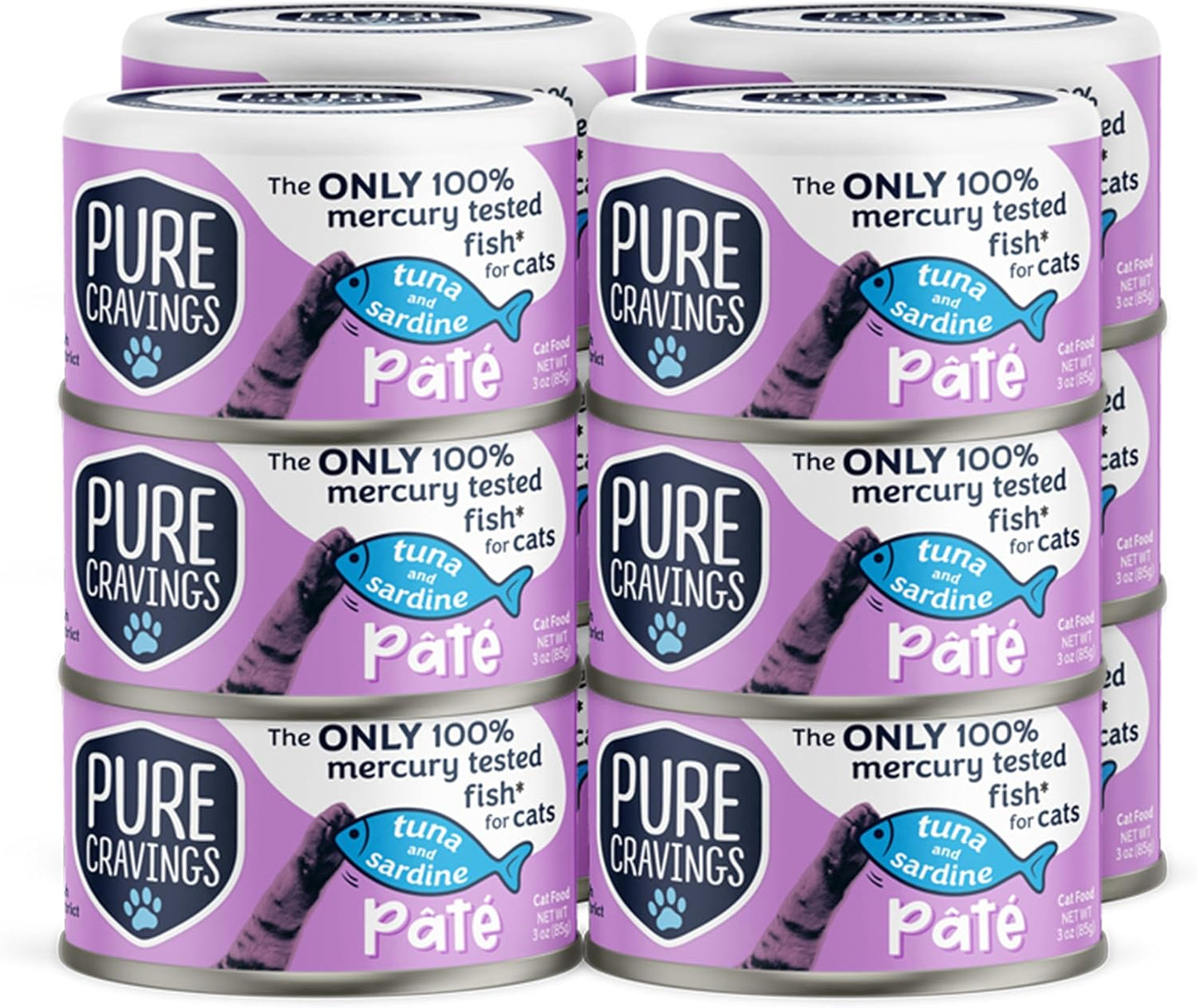 Pure Cravings Tuna and Sardine Pate, Canned Wet Cat Food, 100% Mercury-Tested, Moist Can Fish, Grain-Free Protein, Non-GMO, 12 Pack