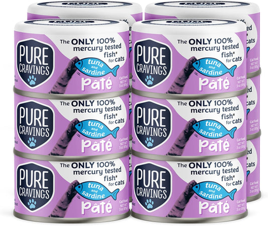 Pure Cravings Tuna and Sardine Pate, Canned Wet Cat Food, 100% Mercury-Tested, Moist Can Fish, Grain-Free Protein, Non-GMO, 12 Pack