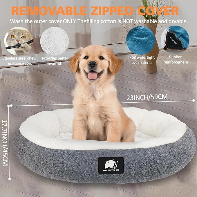 Heated Cat Bed for Small Cats, 19" Soft & Cozy Donut Pet Bed with Timer & Temp Adjustable Heating Pad for Indoor Kitten, Electric Warmer(A) (Gray)