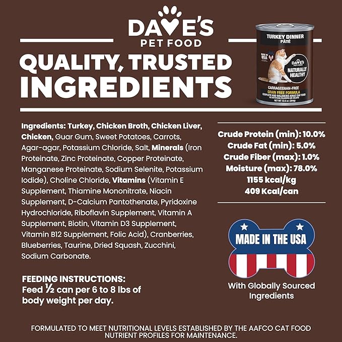 Dave's Pet Food Grain Free Wet Canned Cat Food (Turkey), Made in USA Naturally Healthy, Added Vitamins & Minerals, Gluten-Free, 12.5 oz Cans (12 Pack)