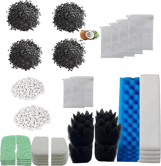 40 pcs 406/407 Media Replacement Kit Compatible with Fluval Aquarium Canister Filters - Bio Sponge, Activated Carbon, Ceramic Rings & Phosphate Remover Polishing Pad