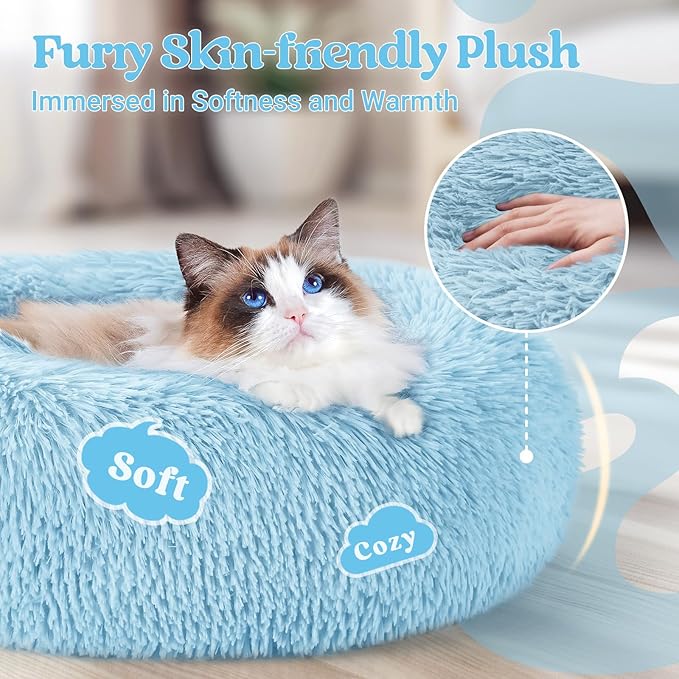 rabbitgoo Cat Beds for Indoor Cats, 20 inches Cat Bed Machine Washable, Fluffy Round Pet Bed Non-Slip, Calming Soft Plush Donut Cuddler Cushion Self Warming for Small Dogs Kittens, Light Blue, Medium
