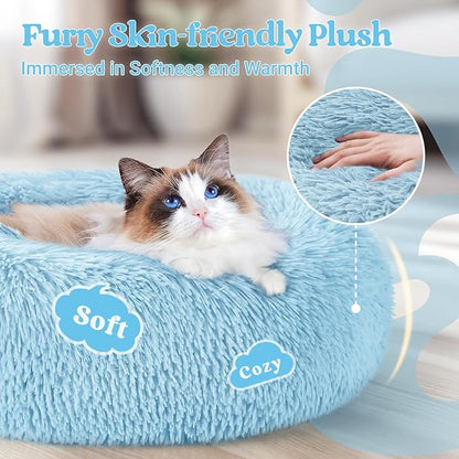 rabbitgoo Cat Beds for Indoor Cats, 20 inches Cat Bed Machine Washable, Fluffy Round Pet Bed Non-Slip, Calming Soft Plush Donut Cuddler Cushion Self Warming for Small Dogs Kittens, Light Blue, Medium