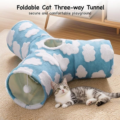 Tempcore Flannel Pet Cat Tunnel Tube Cat Toys 3 Way Collapsible, Cat Tunnels for Indoor Cats, Pet Toys Peek Hole Toy Ball Puppy, Kitty, Kitten, Rabbit, Cloud Blue
