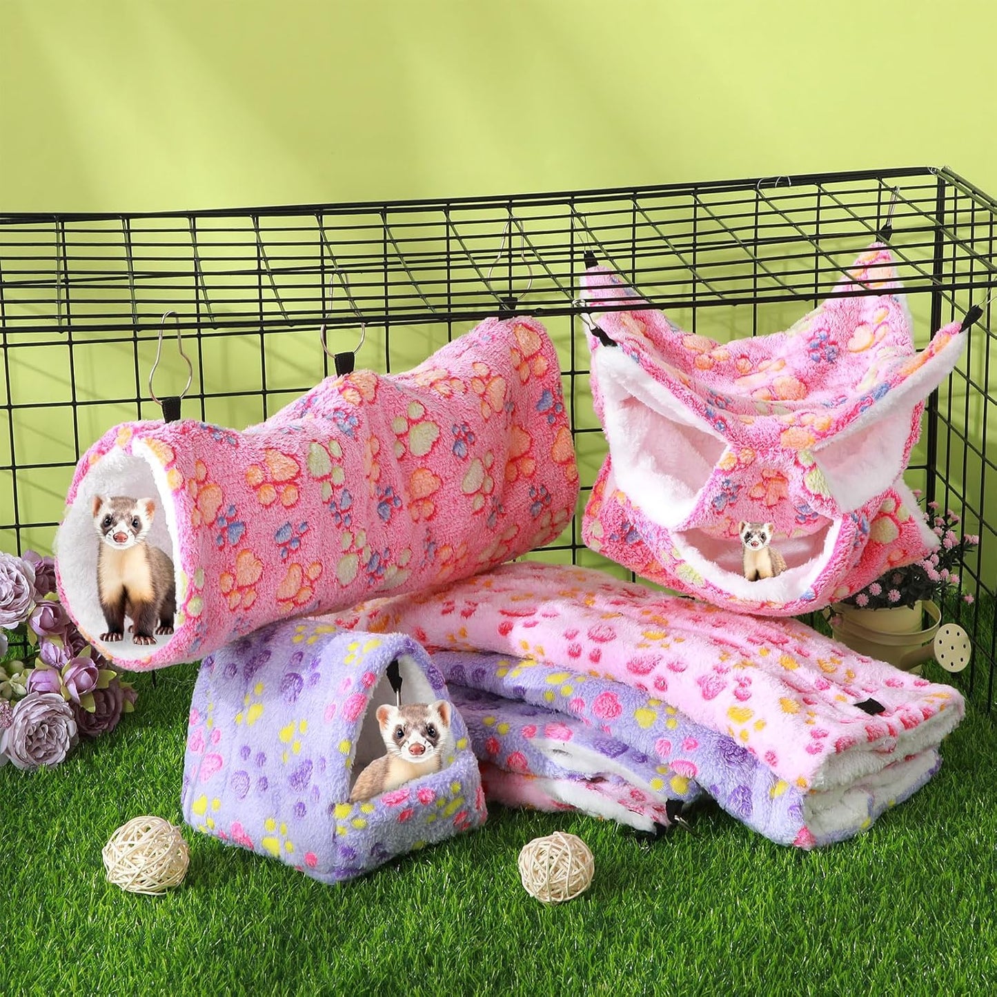 Abbylike 9 Pieces Rat Hammock 3 Tier Guinea Pig Ferret Hammocks Small Pet Hanging Tunnel Glider Toy Guinea Pig Ferret Hideout Bed Cage Accessories for Hamster(Purple, Pink, Rose Red,Paw)