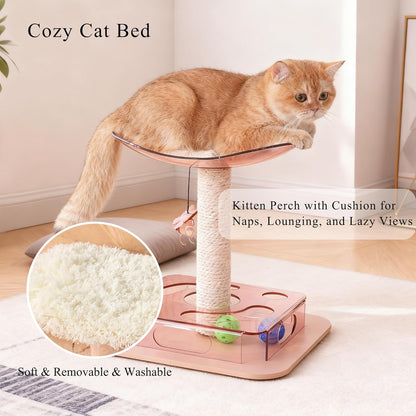 Modern 3-in-1 Interactive Cat Toy with Puzzle Box, Cat Bed/Perch & Scratching Posts, Colorful Jingle Balls, Dangling Accent, Puzzle Toys for Indoor Cats, Acrylic, Pink