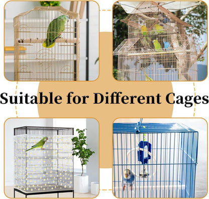 Daoeny Bird Cage Seed Catcher, Large Bird Cage Cover, Adjustable Soft Airy Nylon Mesh Net, Birdcage Cover Skirt Seed Guard for Parrot Parakeet Macaw African Round Square Cages (White, Daisy Design)