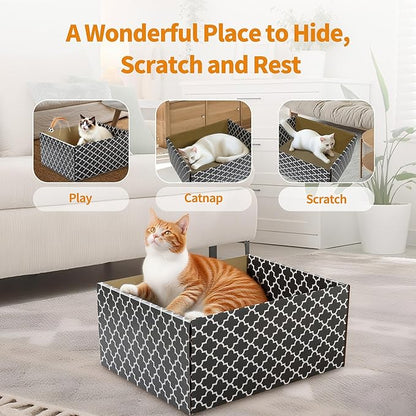 Larger Cat Scratcher Box, Heavy Duty Cat Bed with 3 Pack Refillable Double-Sided Cardboard Scratch Pad for Indoor Cats