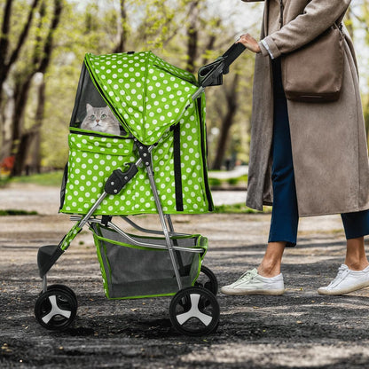 MoNiBloom 3 Wheels Pet Dog Cat Stroller for Small Medium Dogs Cats, Foldable Jogger Stroller w/Storage Basket and Cup Holder, Lawn Green Polka Dots