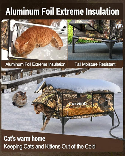 Heated Cat House for Outside,Extremely Weatherproof&Insulated in Winter,Elevated Outdoor Cat Shelter with Waterproof Eaves&Escape Door for Feral Stray Barn Cats(Leaves,S)