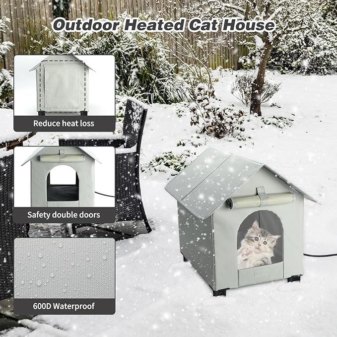 BWOGUE Elevated Heated Cat House for Outdoor Cats in Winter, Waterproof & Insulated Feral Cat Shelter for Outside Cats,Weatherproof Feral Cat House for Outside(Grey)