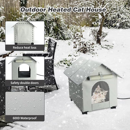 BWOGUE Elevated Heated Cat House for Outdoor Cats in Winter, Waterproof & Insulated Feral Cat Shelter for Outside Cats,Weatherproof Feral Cat House for Outside(Grey)
