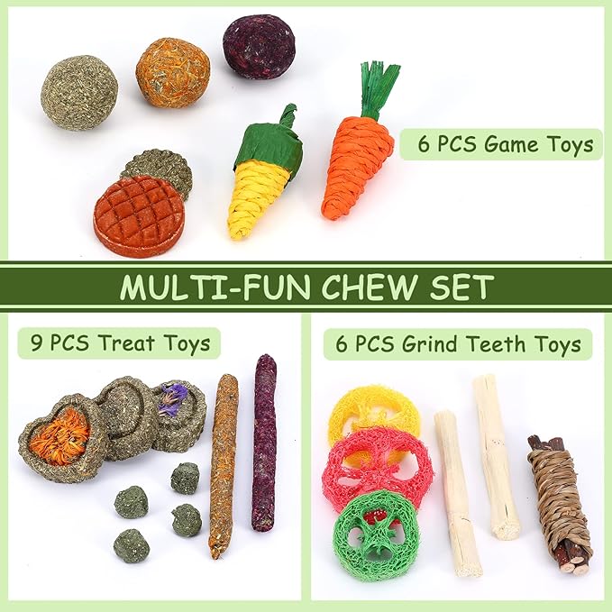 VESPRO Bunny Toys, 21PCS Rabbit Chew Toys for Teeth, Guinea Pig Natural Treats, Timothy Hay Sticks for Chinchillas Hamsters Rats, Small Animals Teeth Grinding
