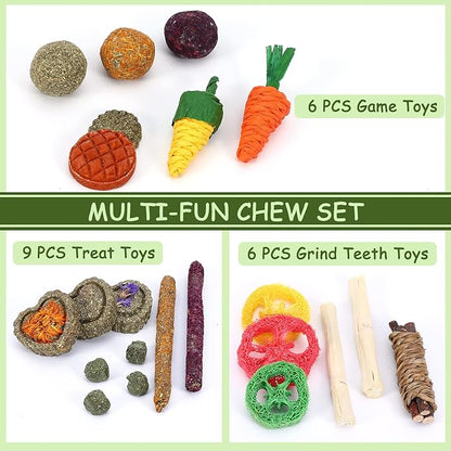 VESPRO Bunny Toys, 21PCS Rabbit Chew Toys for Teeth, Guinea Pig Natural Treats, Timothy Hay Sticks for Chinchillas Hamsters Rats, Small Animals Teeth Grinding