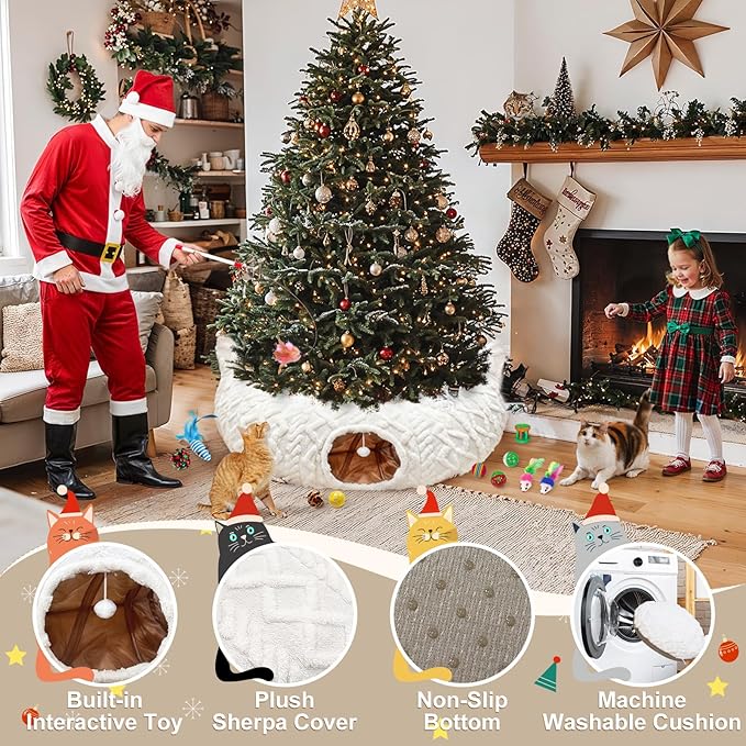 OurWarm Large Cat Tunnel Bed for Indoor Cats with Soft Cushion & Cat Toys, Round Under Tree Cats Donut Tunnel Christmas Tree Skirt, White Plush Pet Peekaboo Cave for Kitten/Puppy/Rabbit to Play