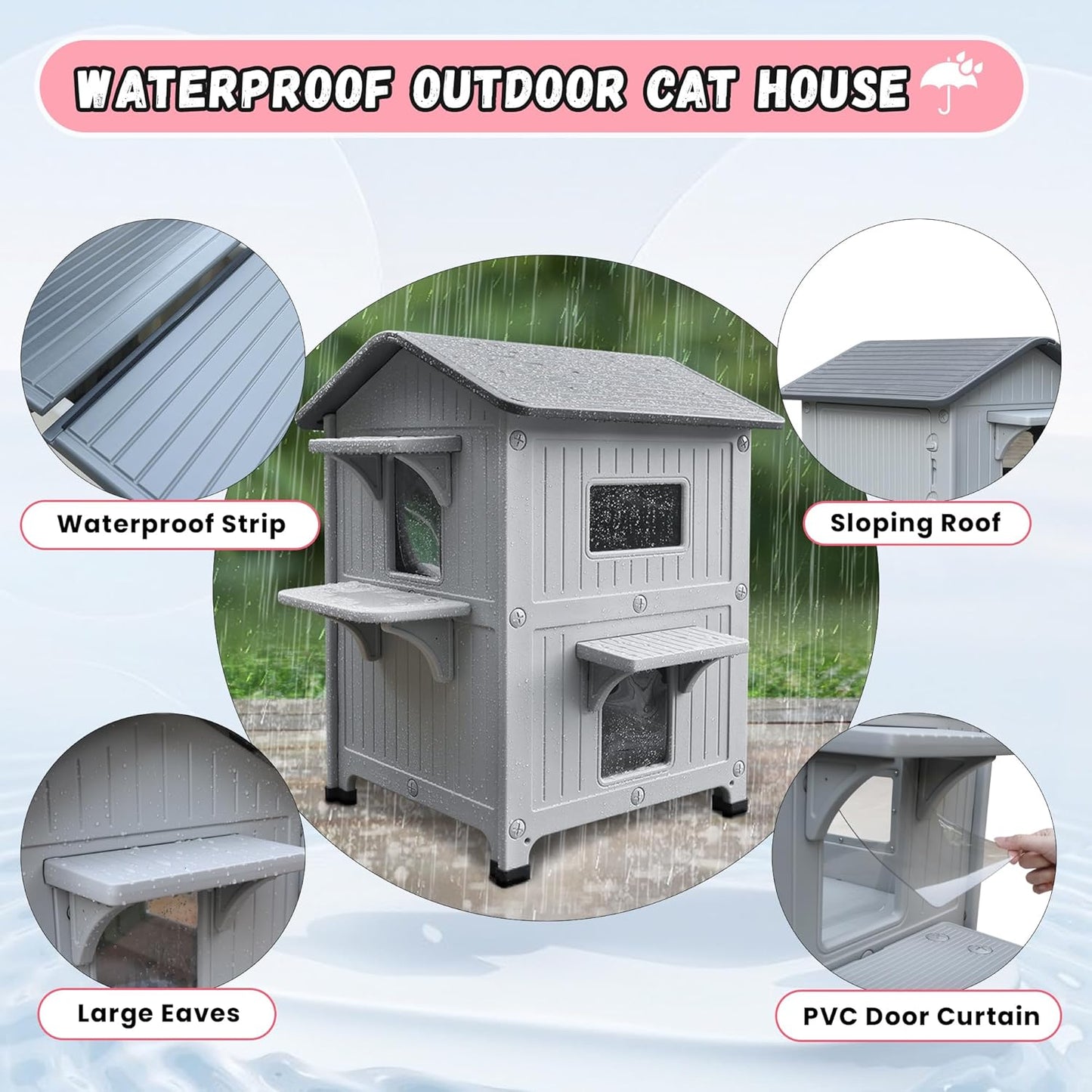 Plastic Outdoor Cat House with Escape Door, Waterproof 2 Story Outdoor Houses for Feral Cats Outside Cat Shelter, Spacious, Clean and Assemble Easily