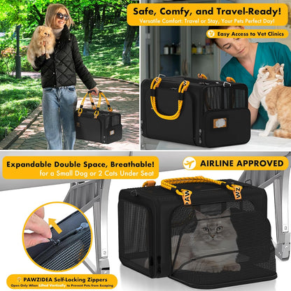 PAWZIDEA Expandable Pet Carrier Airline Approved, 18"×11"×11" Small Dog Carriers, Collapsible Top-Load Cat Carrier for 2 Cats Under Seat, Soft-Sided Puppy & Animal Travel Bag, ID Card, Up to 15lbs