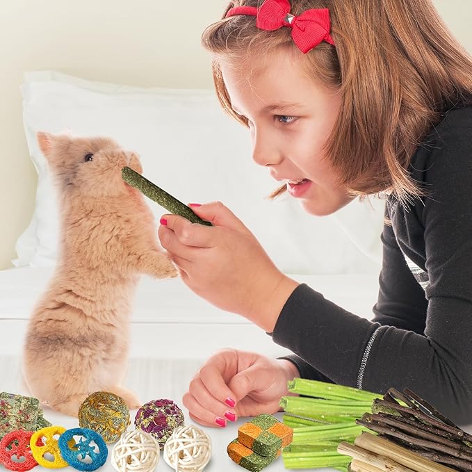 50-60pcs Bunny Toys,Rabbit Chew Toy for Bunny Teeth, Bunny Toys for Rabbits Indoor, Timothy Grass Treats Sweet Bamboo for Small Pets, Hamster, Chinchilla, Guinea Pig