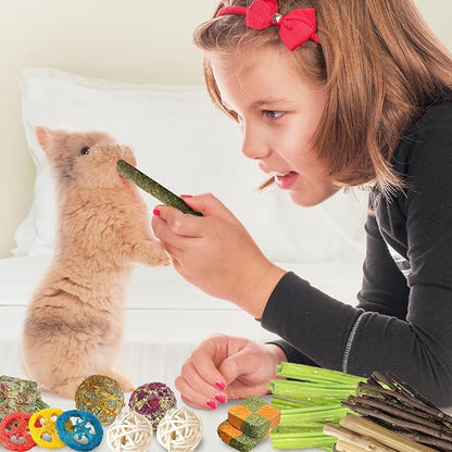 50-60pcs Bunny Toys,Rabbit Chew Toy for Bunny Teeth, Bunny Toys for Rabbits Indoor, Timothy Grass Treats Sweet Bamboo for Small Pets, Hamster, Chinchilla, Guinea Pig