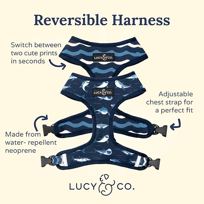 Reversible Dog Harness Walking Halter - Best Designer Pet Harnesses for Extra Small Medium Large XL Dogs Plus Pug Breeds - Padded Adjustable Puppy Vest for Easy Walking (Small, Shark Attack)