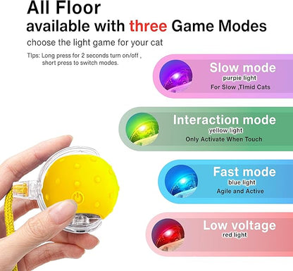 Interactive Cat Toy LED Rolling Ball — Motion-Activated, USB-C Rechargeable, 3 Play Modes, Replaceable Tails — Quiet Automatic Ball for Indoor Cats & Kittens — Safe & Durable (Yellow)