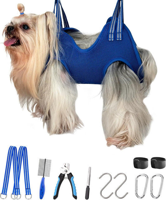 10 in 1 Dog Grooming Hammock Harness with Nail Clippers, Nail Trimming Hammock for Pet, Grooming Sling Hanger Holder Restaint for Nail Trimming/Clipping (XXS/Under 10lb Blue)