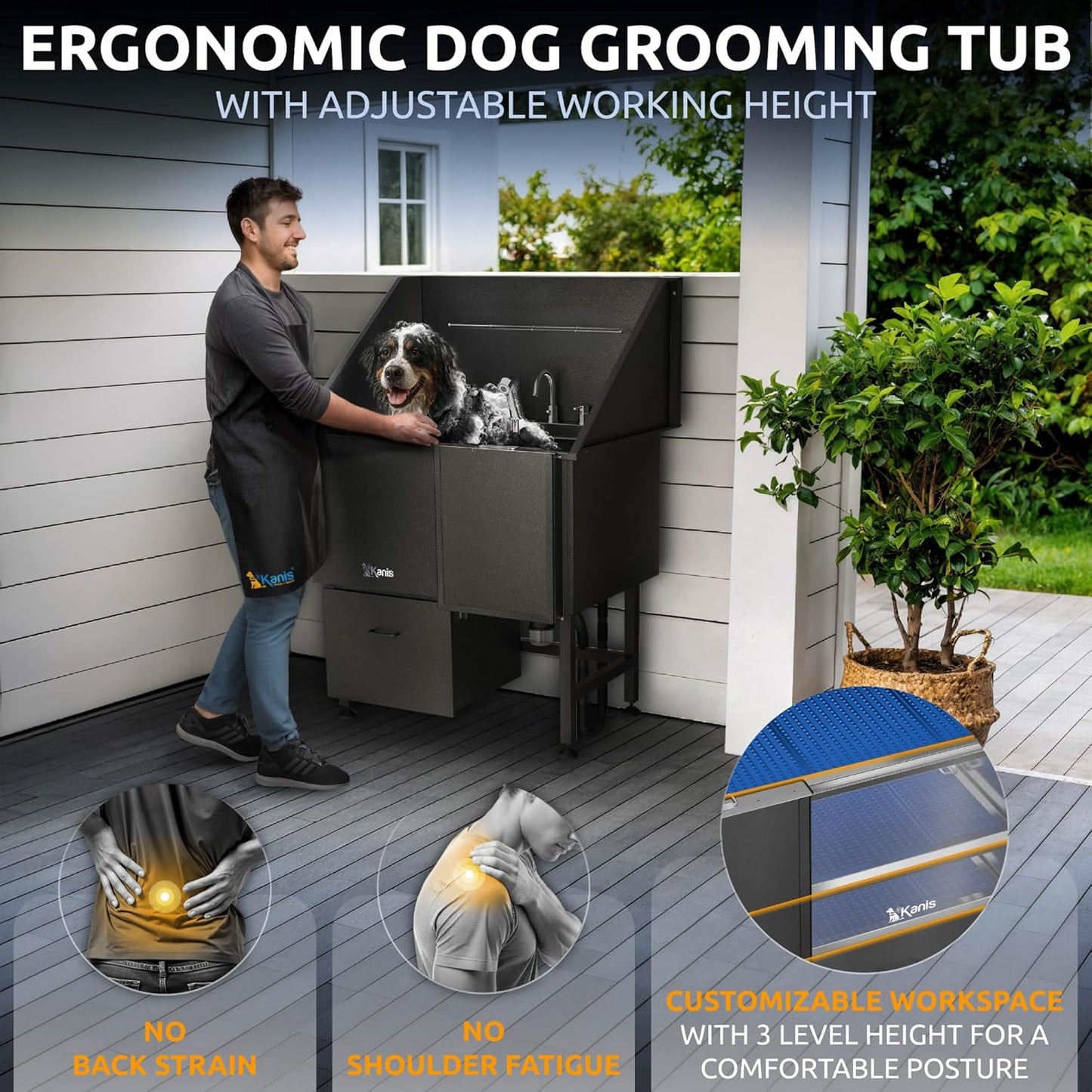 KANIS Black Line Professional Dog Washing Station - 304 Stainless Steel Pet Wash Sink & Grooming Bathtub w/Shower, Floor Grates and Storage for Large, Medium & Small Pets (40", 1 Drawer - Right Ramp)