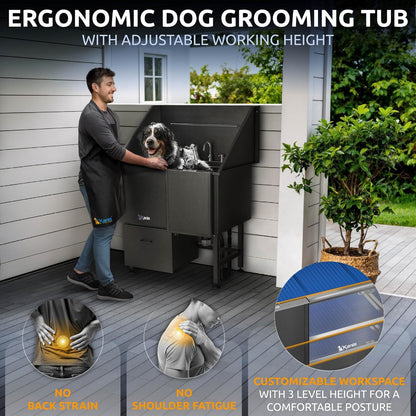 KANIS Black Line Professional Dog Washing Station - 304 Stainless Steel Pet Wash Sink & Grooming Bathtub w/Shower, Floor Grates and Storage for Large, Medium & Small Pets (40", 1 Drawer - Right Ramp)