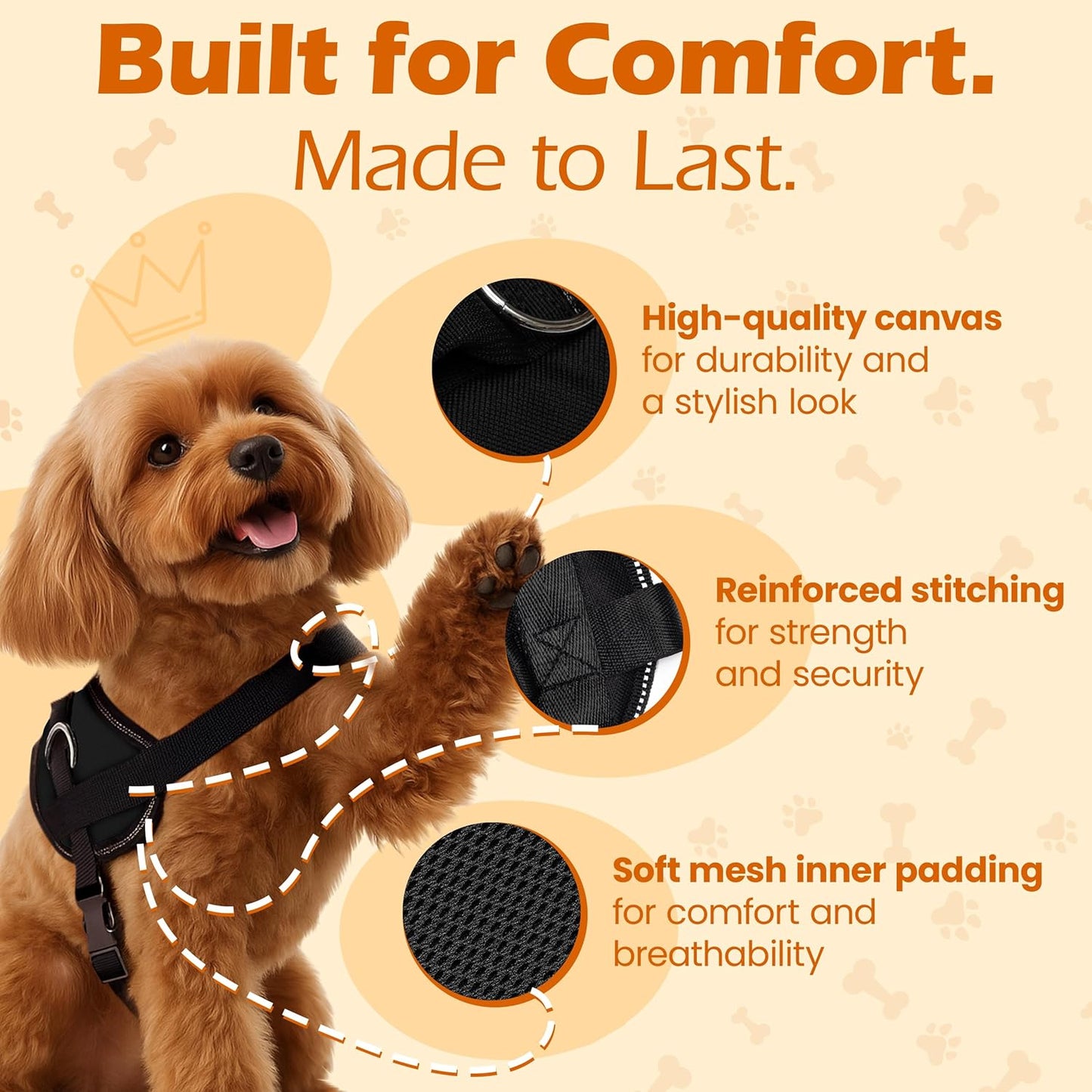 Bark Appeal Black No-Pull Dog Harness for Extra Small Sized Pets – Adjustable, Reflective Vest with 3 Leash Clips for Added Control, Easy Walks & Training – XS