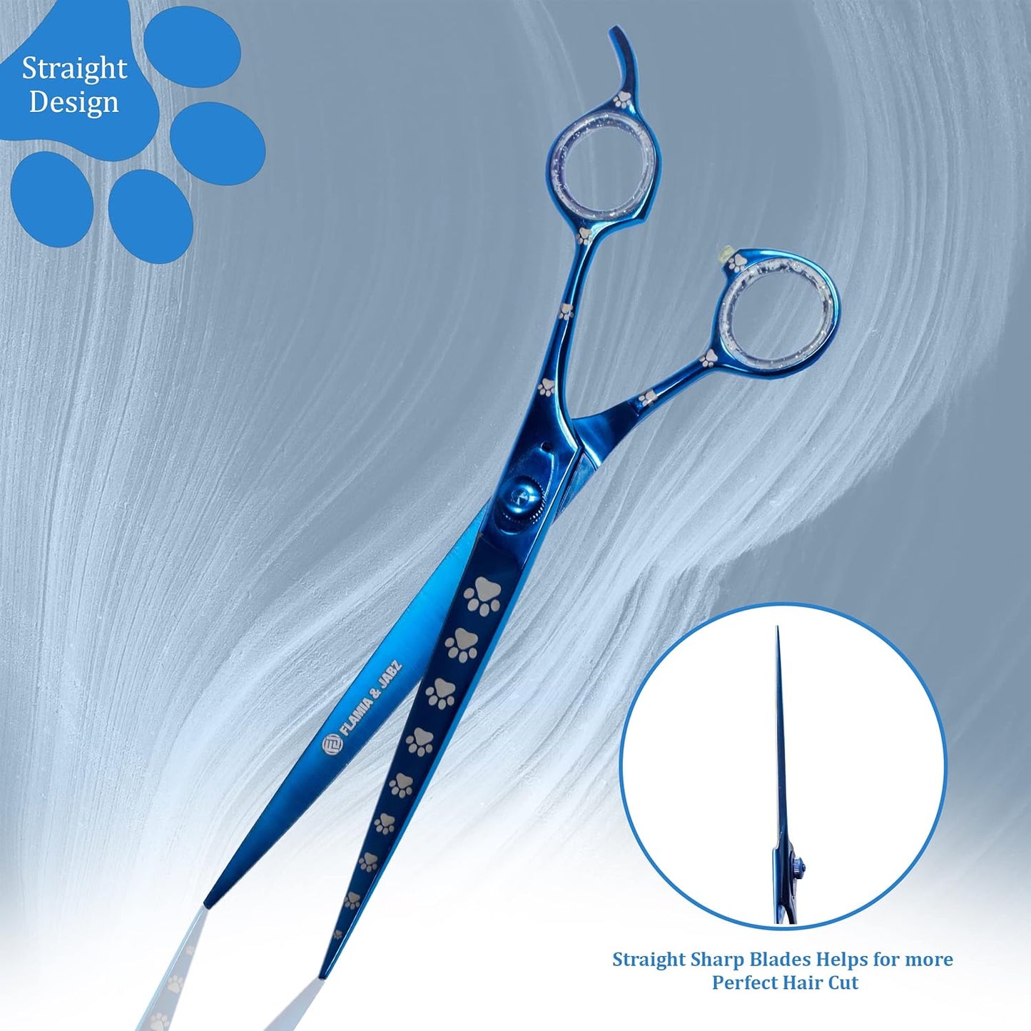 Professional Dog Grooming Scissors/Shears, Straight, with Paw Prints for Dogs, Cats & Pets (Right Handed, Blue, Stainless Steel 8 Inch)