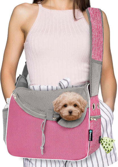 PetAmi Small Dog Sling Carrier, Soft-Sided Crossbody Puppy Carrying Purse Bag, Adjustable Sling Pet Pouch to Wear Medium Dog Cat Travel, Dog Bag for Traveling, Poop Bag Dispenser, Max 10 lbs, Pink