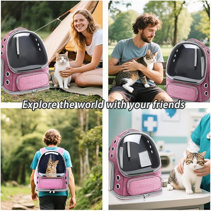 Cat Carrier with Groomer, Breathable Cat Bubble Carrier for Cats or Small Dogs up to 20 lbs, Collapsible Airline Approved, Clear Cat Travel Backpack (Pink)